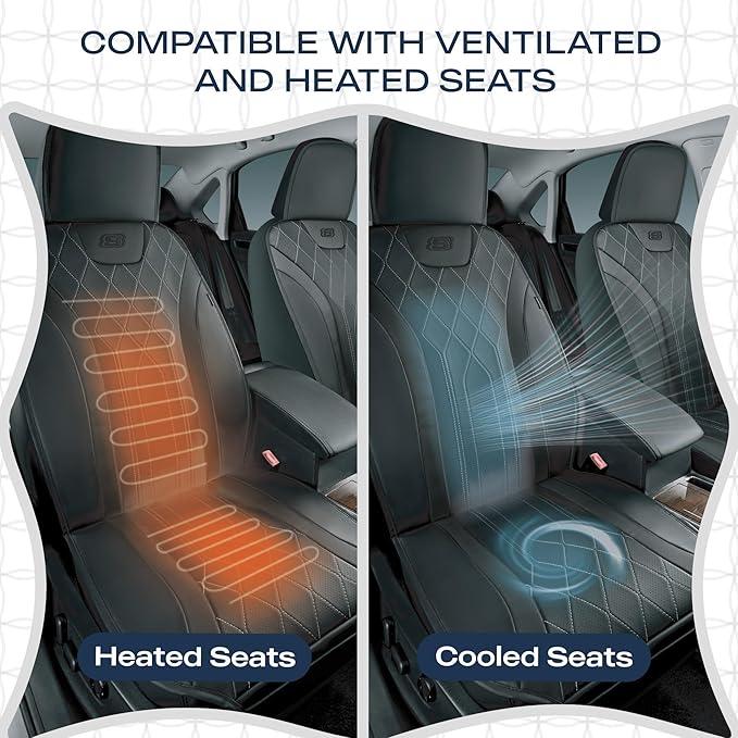 Skechers MAX Cushioning Car Seat Covers,Memory Foam Leather Car Seat Protectors, Airbag Safe Waterproof Sideless Front Seat Covers with Storage Pocket,Universal Fit for Cars Trucks SUV, Black 2PCS