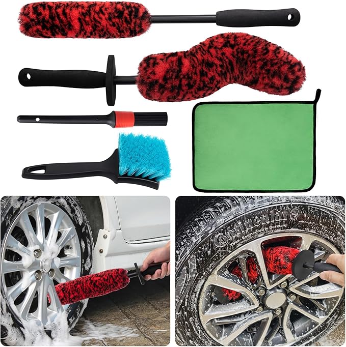 5 Pack Car Wheel and Tire Cleaner Brushes Kit Auto Motorcycle Rim Ultra Soft Microfiber No Spatter Bendable Woolies Bristle Cleaning Set (Red & Black)