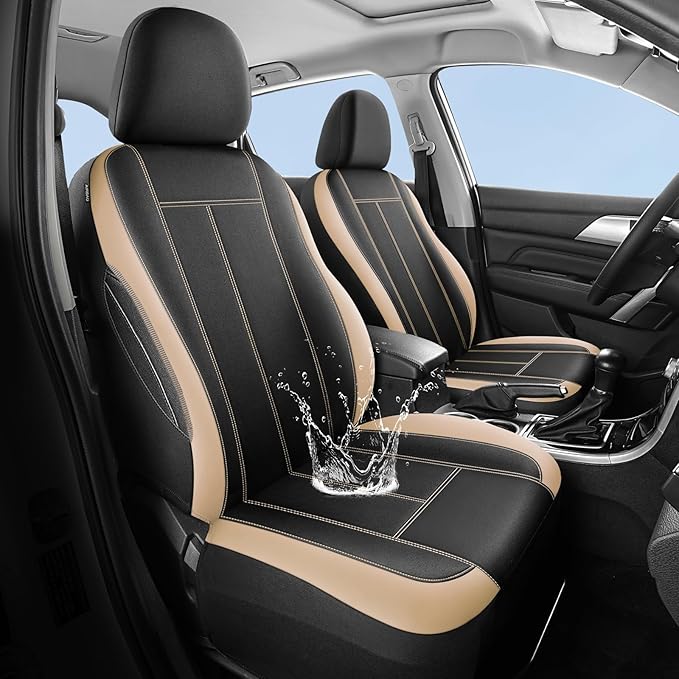 Neoprene Waterproof Car Seat Covers, Premium Cloth Seat Covers, Car Seat Cover Front Seats Airbag Compatible, Universal Automotive Comfort for Most Cars,Trucks,SUVs(Black Beige 816)