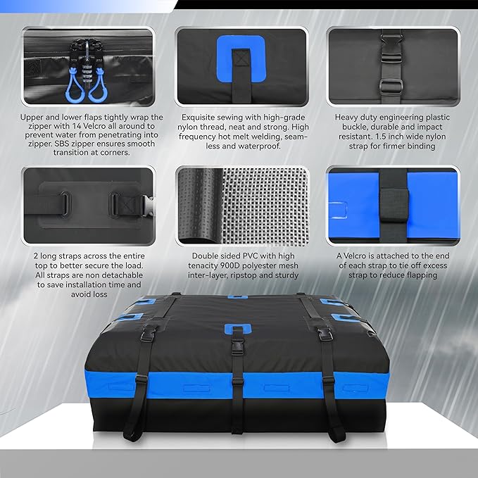 MARCHWAY Waterproof Car Roof Luggage Bag, Weatherproof Soft Shell Rooftop Cargo Carrier Bag for Vehicles with or Without Rack. 6 Door Hooks, Anti Slip Mat, Lock Included (21 Cubic Feet, Blue)