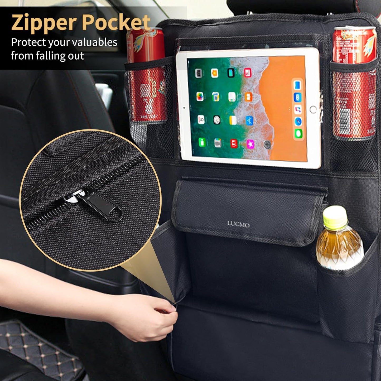 LUCMO Car Backseat Organizer with Touch Screen Tablet Holder,9 Storage Pockets Protectors Kick Mats Travel Accessories for Kids-Black