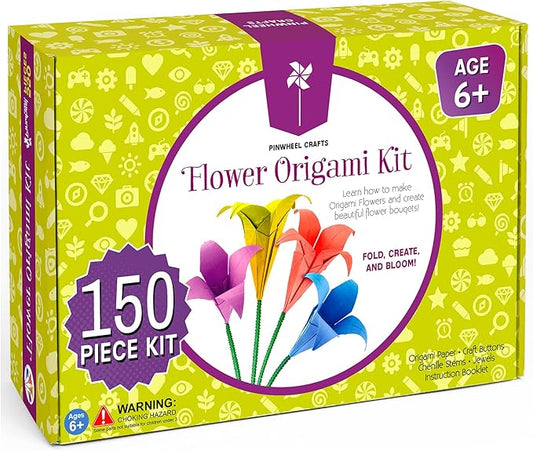 Pinwheel Crafts Flower Origami Kit for Kids Ages 8-12 | 150 Pcs Origami Paper Kit w/Multicolor Folding Papers, Chenille Stems,Buttons and Jewels, Arts and Crafts Paper Book for Kids Ages 6+