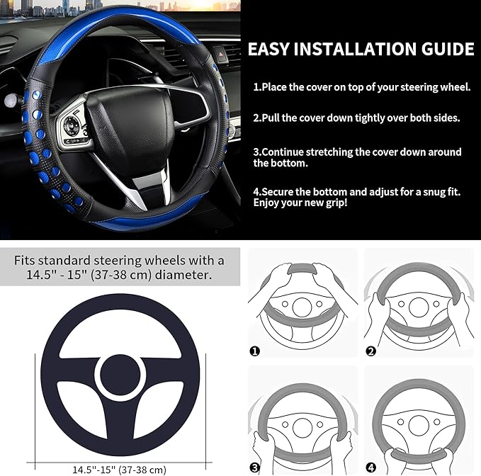 Leather Car Steering Wheel Cover with Anti-Slip Grip, for Women and Men, Universal Fit for 14.5-15 Inch Cars, Trucks, SUVs (Blue (Round), Medium(Standard) Size[14 1/2''-15''])
