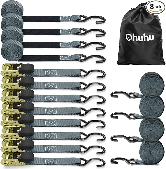 Ratchet Tie Down Strap 15 Ft - 500 lbs Load Cap with 1500 lbs Breaking Limit, Ohuhu Ratchet Tie Downs Logistic Cargo Straps for Moving Appliances, Motorcycle (Grey, 8-Pack)