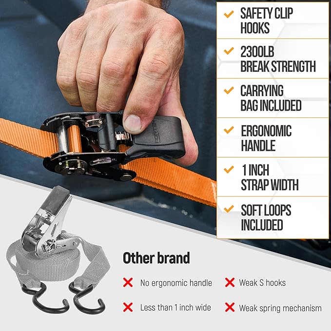 FORTEM Ratchet Straps, Tie Down Strap Set 2300lb Break Strength, 4 Pack 15ft x 1in, 4 Soft Loops, Moving Straps Tie Downs, Cargo Cam Buckles for Trucks, Carry Bag, for Men
