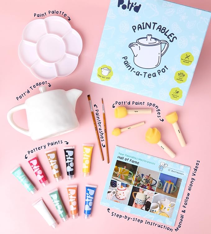 Pott’d Paintables Paint-a-Teapot Kit, DIY Pottery Painting Kit for Adults with Teapot, Paints, Brushes, Sponges, Palette and Guide, Craft Kit for Beginners, Ideal for Tea Lovers and Handmade Gifts