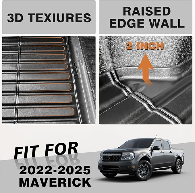 TripleAliners Truck Bed Mat Compatible with 2022 2023 2024 2025 Ford Maverick Hybrid & Gas Accessories Vehicle Perfectly Flush All Weather Protection TPE Heavy Duty Pickup Car Bed Cargo Mat