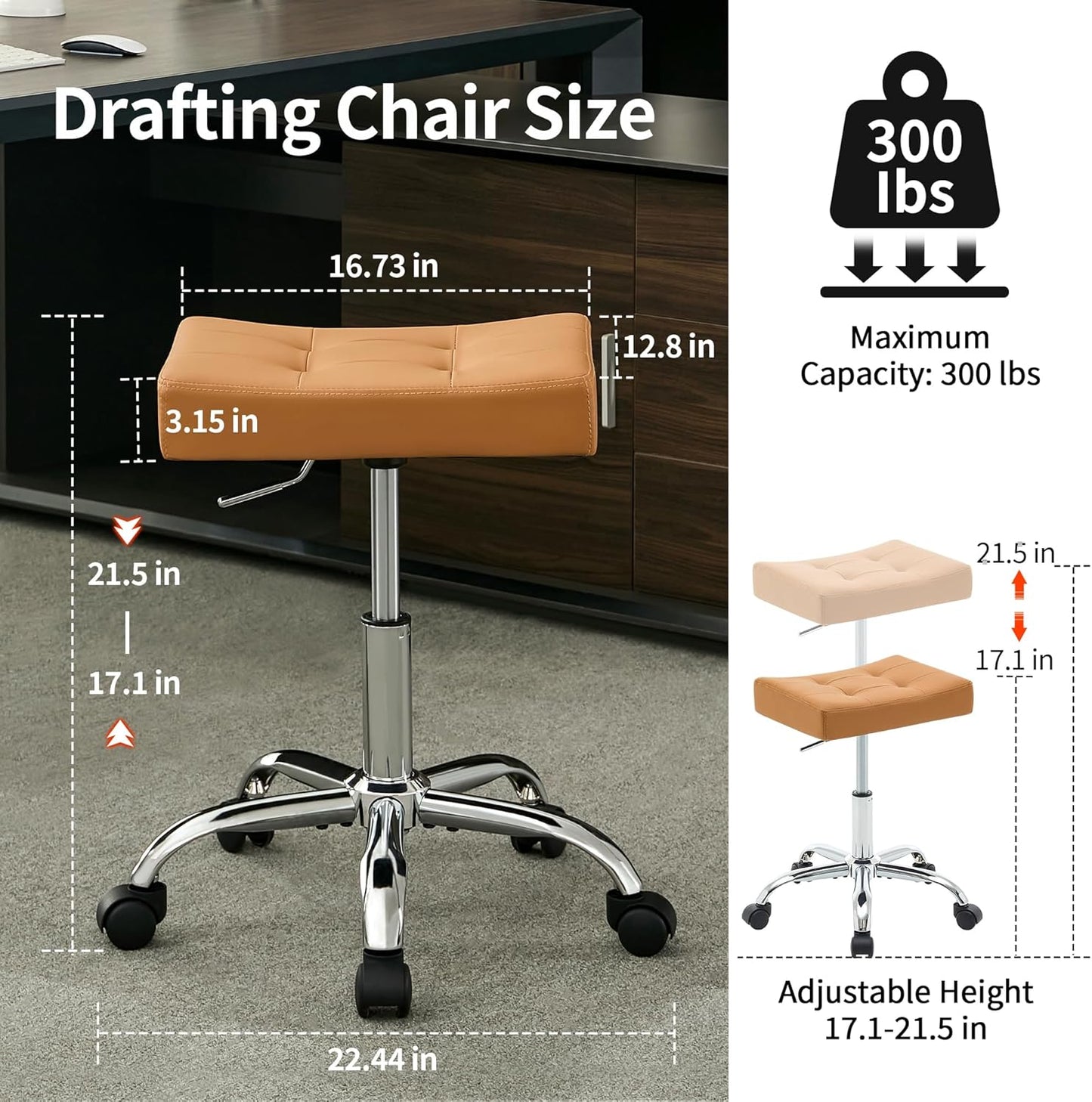 Office Stool with Wheels (300lbs Capacity) (Adjustable Height 17"-21") Brown Faux Leather Workbench Stool (Camel Brown)