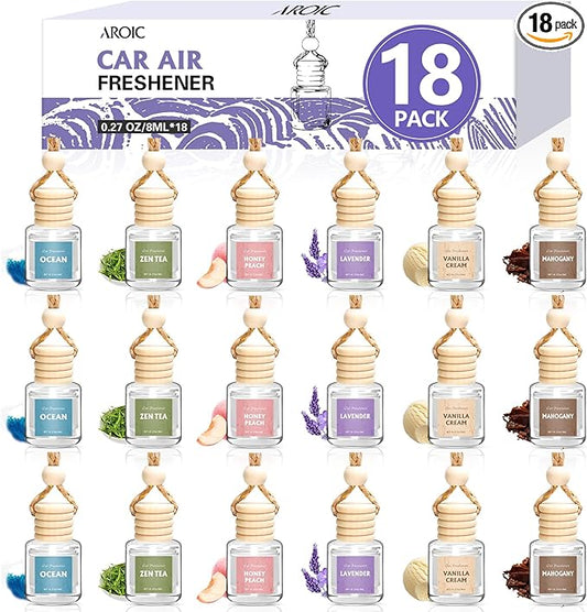 AROIC Car Air Freshener, 18 Pack Long Lasting Hanging Car Air Freshener Diffuser Set for Women & Men, 6 Premium Scents Essential Oil Vehicle Aroma Fragrance Gift (8ml Each)