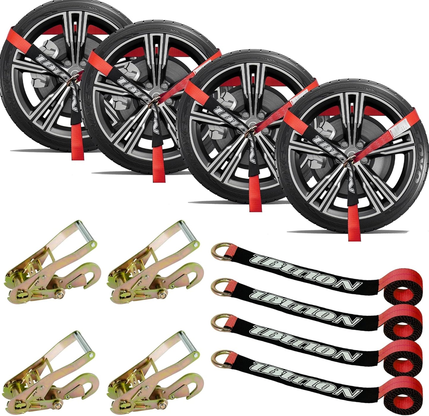 4 Pack Car Tie Down Straps for Trailers - 2" x 96" - 3,300 lbs Safe Working Load -Adjustable Wheel Straps for Hauling Cars.