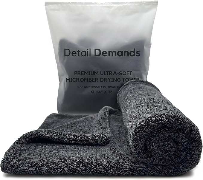 Extra Large Car Drying Towel - 1400 GSM Edgeless Twisted Loop Design - 70/30 Blend Microfiber Towels for Cars, Trucks, SUVs - Superior Absorption, Streak-Free - 24" x 36", Black