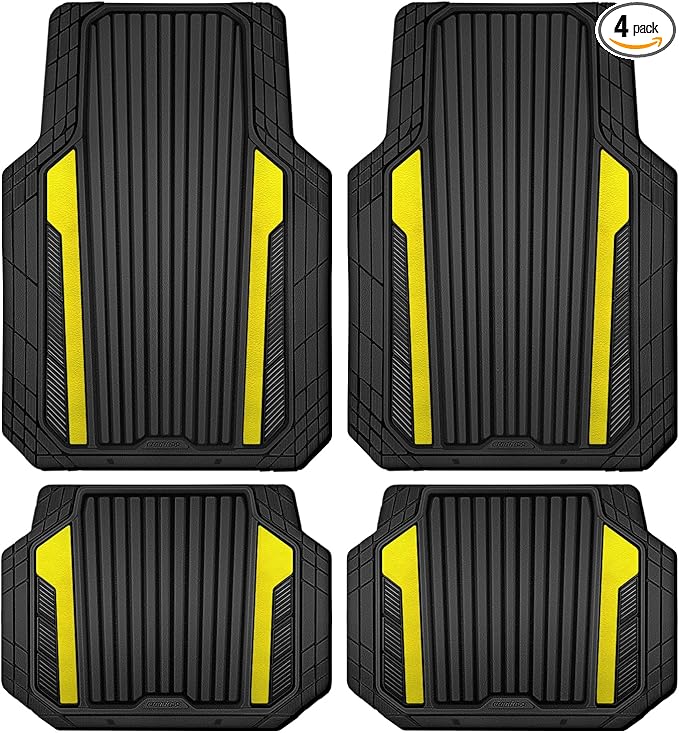 CAR PASS Yellow Car Mats Metallic, Aluminum Film All Weather Rubber Lemon Yellow car Floor Mats Waterproof Universal Trim to Fit SUV Sedan Van Truck 4 Piece Deep Dish Heavy Sporty Black Yellow Chrome