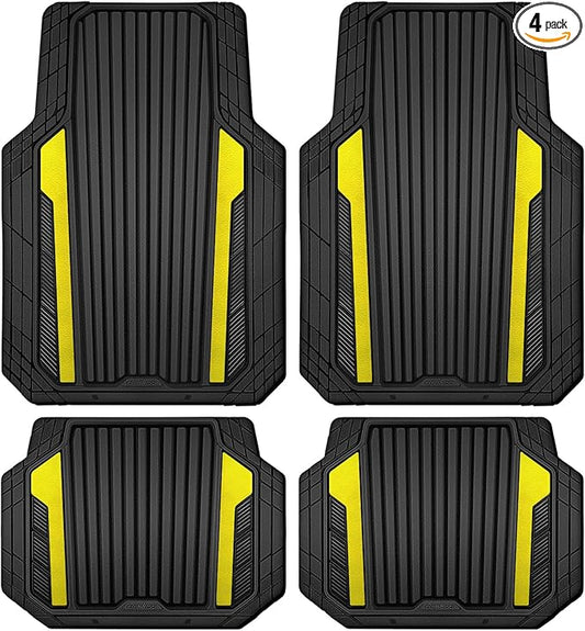 CAR PASS Yellow Car Mats Metallic, Aluminum Film All Weather Rubber Lemon Yellow car Floor Mats Waterproof Universal Trim to Fit SUV Sedan Van Truck 4 Piece Deep Dish Heavy Sporty Black Yellow Chrome