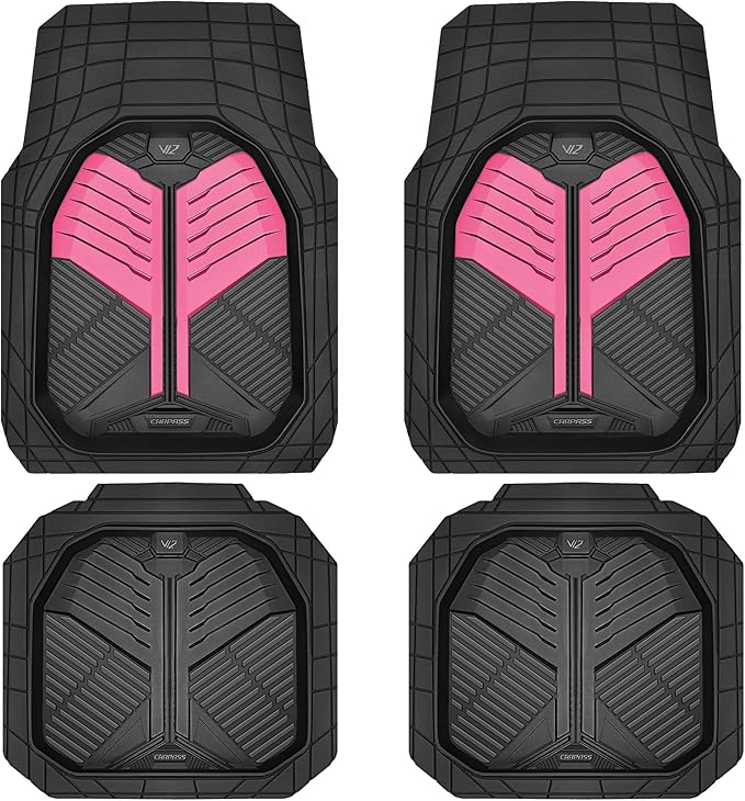 CAR PASS Heavy Duty Rubber Car Mats, Deep Dish Car Floor Mats All Weather, Car Mats Full Set 4-Piece Trim to Fit for Sedans SUVs Trucks,Women Waterproof Anti-Slip Automotive Mats, V12 Black and Pink
