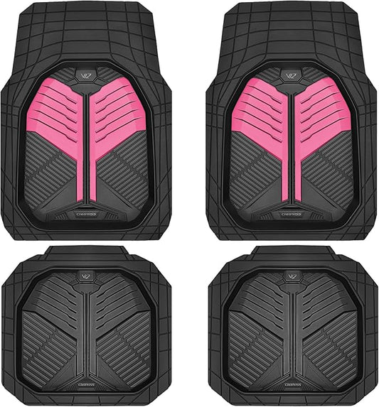 CAR PASS Heavy Duty Rubber Car Mats, Deep Dish Car Floor Mats All Weather, Car Mats Full Set 4-Piece Trim to Fit for Sedans SUVs Trucks,Women Waterproof Anti-Slip Automotive Mats, V12 Black and Pink