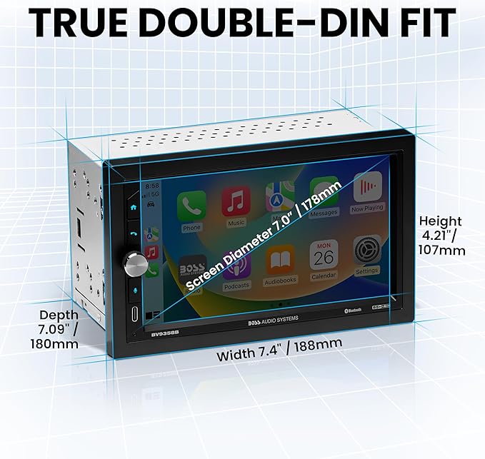 BOSS Audio Systems BVB9358RC Car Stereo – Wireless CarPlay Android Auto, Double Din, 7 Inch Touchscreen, Bluetooth, NO CD DVD Player, AM/FM Radio Receiver, Backup Camera, A/V Input, USB