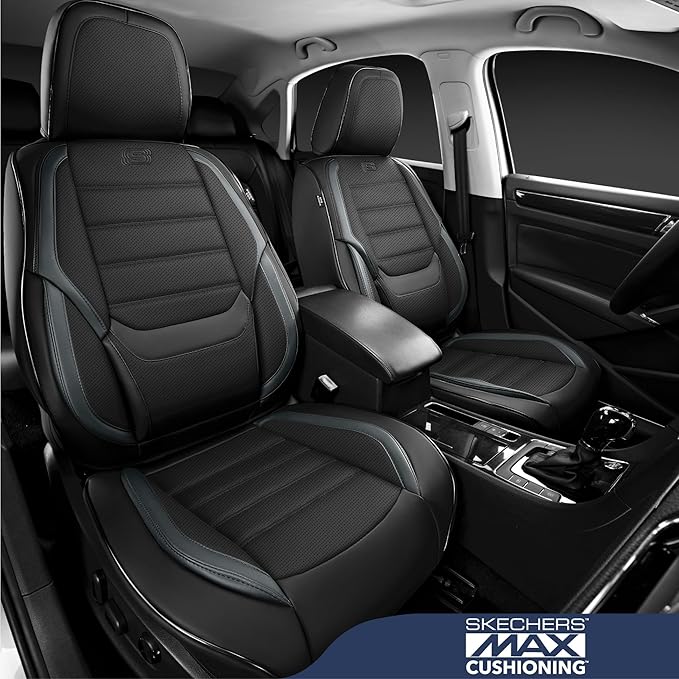 Skechers MAX Cushioning Seat Covers,Memory Foam Leather Car Seat Covers,Waterproof Car Seat Protector Full Sets,Car Seat Cushion Airbag Automotive Universal Fit for Most Cars,Vans,Trucks,SUV,Grey