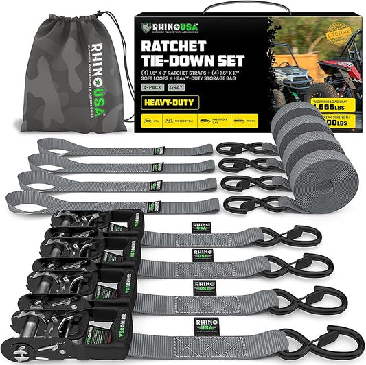 Rhino USA Ratchet Straps Heavy Duty Kit (2-Pack) - 1.6 Inch x 8 Feet Min Break Strength (5,000) - Ultimate Tie Down Straps with Safety S Hooks for Trucks, ATV, UTV, Motorcycle, Cargo & More - Gray