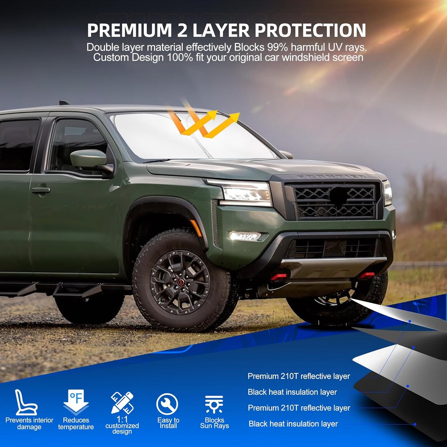 Windshield Sun Shade for Ni-ss-an Frontier 2022-2025 2026 Foldable Sunshade Custom Fit Front Window Car Interior Accessories Protector Blocks UV Rays