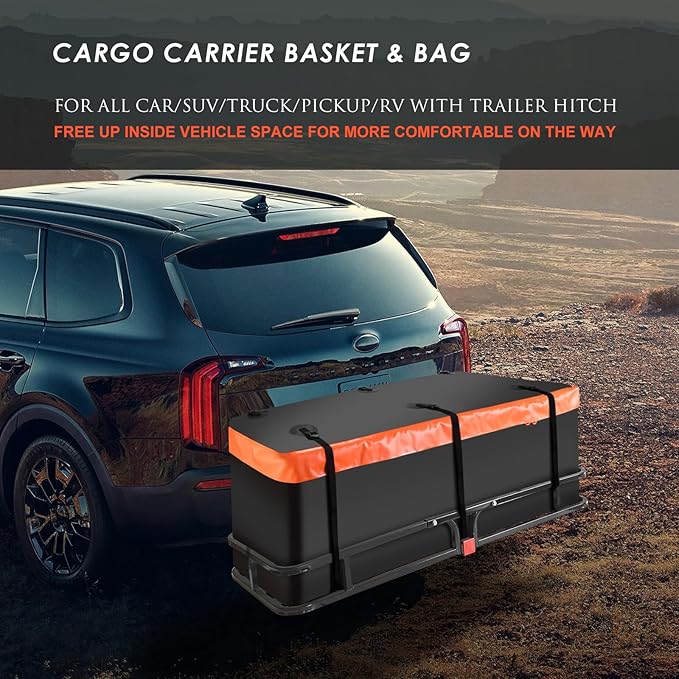 MeeFar Hitch Mount Cargo Carrier Basket 53" x19" x 5"+Waterproof Cargo Bag (51" x17"x 18"), Hauling Weight Capacity of 500 Lbs fit on 2 Inch Receiver with Hitch Stabilizer,Net and Straps