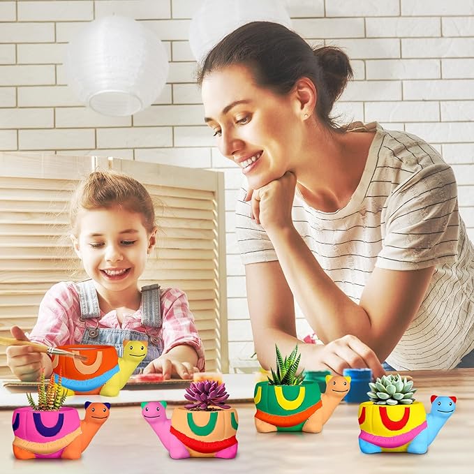 Pasimy 6 Set DIY Ceramic Succulent Planter Pots Paint Your Own Flower Pots Craft Kit Unpainted Bisque Paintable Flowerpot with Brush Palette Ready to Paint for Family Activity Gift(Turtle)