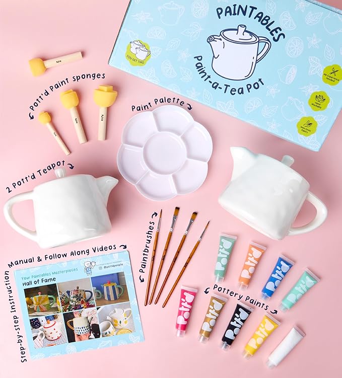 Pott’d Paintables Paint-a-Teapot Kit, DIY Pottery Painting Kit for Adults with Teapot, Paints, Brushes, Sponges, Palette and Guide, Craft Kit for Beginners, Ideal for Tea Lovers and Handmade Gifts