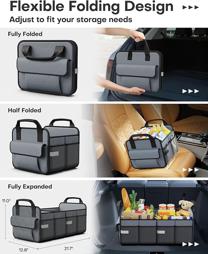 HOTOR Trunk Organizer for SUV – Foldable & Portable Car Organizers and Storage with 2 Compartments, Large Capacity Car Trunk Organizer Car Accessories for Truck Sedan, Grey, 21.7" x 12.8" x 11.0"
