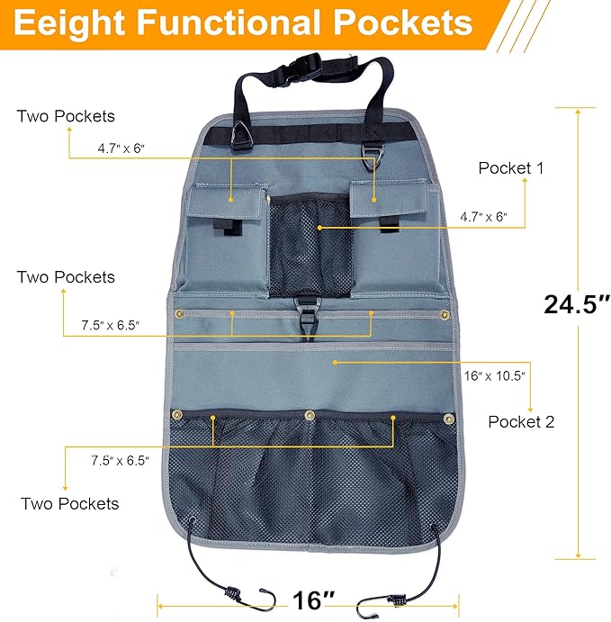 Car Seat Back Organizer with Multiple Storage Pockets, Black Mesh and Fabric, Universal Fit (grey)