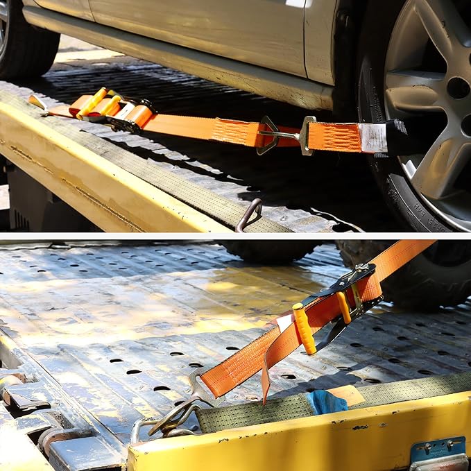 Heavy Duty 4 Pack Axle Tie Down Straps for Trailers-2" x 114" Car Hauler Straps with Snap Hooks-10,000 lbs Break Strength, 3300 lbs Capacity - DOT Certified Wheel Ratchet Tie Downs (Orange)