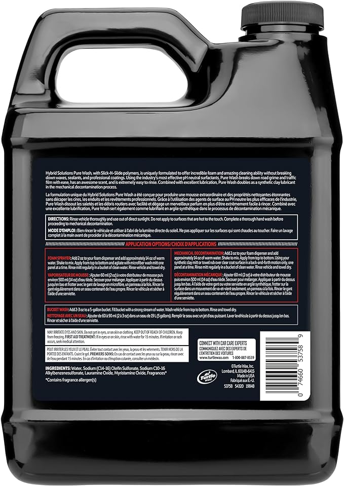 Turtle Wax 54320 Hybrid Solutions Slick-N-Slide Pure Wash, pH Neutral, Extreme Foaming Car Wash Soap, Hand Wash or Foam Cannon Application, Clay Bar Lubricant, Spot Free Clean, 64 oz. (Pack of 1)