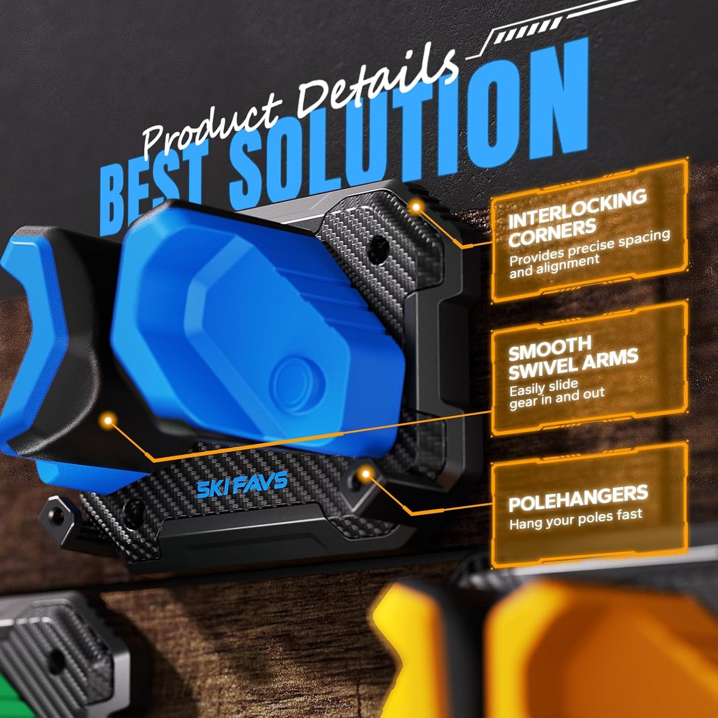 Ski & Snowboard Wall Rack for Garage Wall Fits Any Ski/board, Ski Wall Mount Holders Damage-Free Storage Rack, Garage Organization Space-Saving Winter Gear Organizer, Blue, 6 Pack