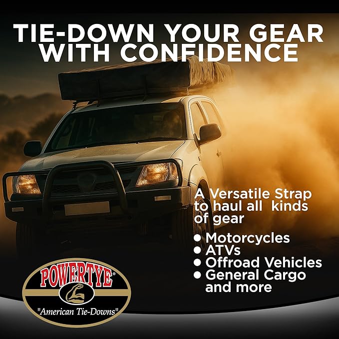 PowerTye 1.5 inch x 6.5ft Heavy Duty Ratchet Tie Down Straps with Carabiner Hooks, Soft-Tye & Storage Bag, for Motorcycle, ATV, Trailer & Cargo - 1,000 lb WLL - Made in USA - Red/Black Pair