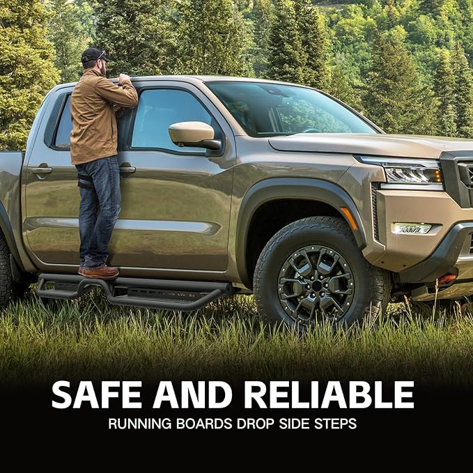 Crew Cab Running Boards Side Steps Compatible for 2005-2025 Nissan Frontier Crew Cab (4 Full Size Doors), Two Stairs Design Bolt-on Side Rails Step Nerf Bar (Black Powder Coated, Star Logo)