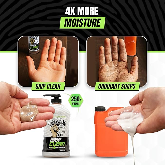 Grip Clean Heavy Duty Hand Cleaner for Mechanics – Natural Pumice & Clay-Infused Technology Removes Grease, Oil & Grime – Moisturizing Liquid Hand Soap for Shop, Garage & Industrial Use – 32oz