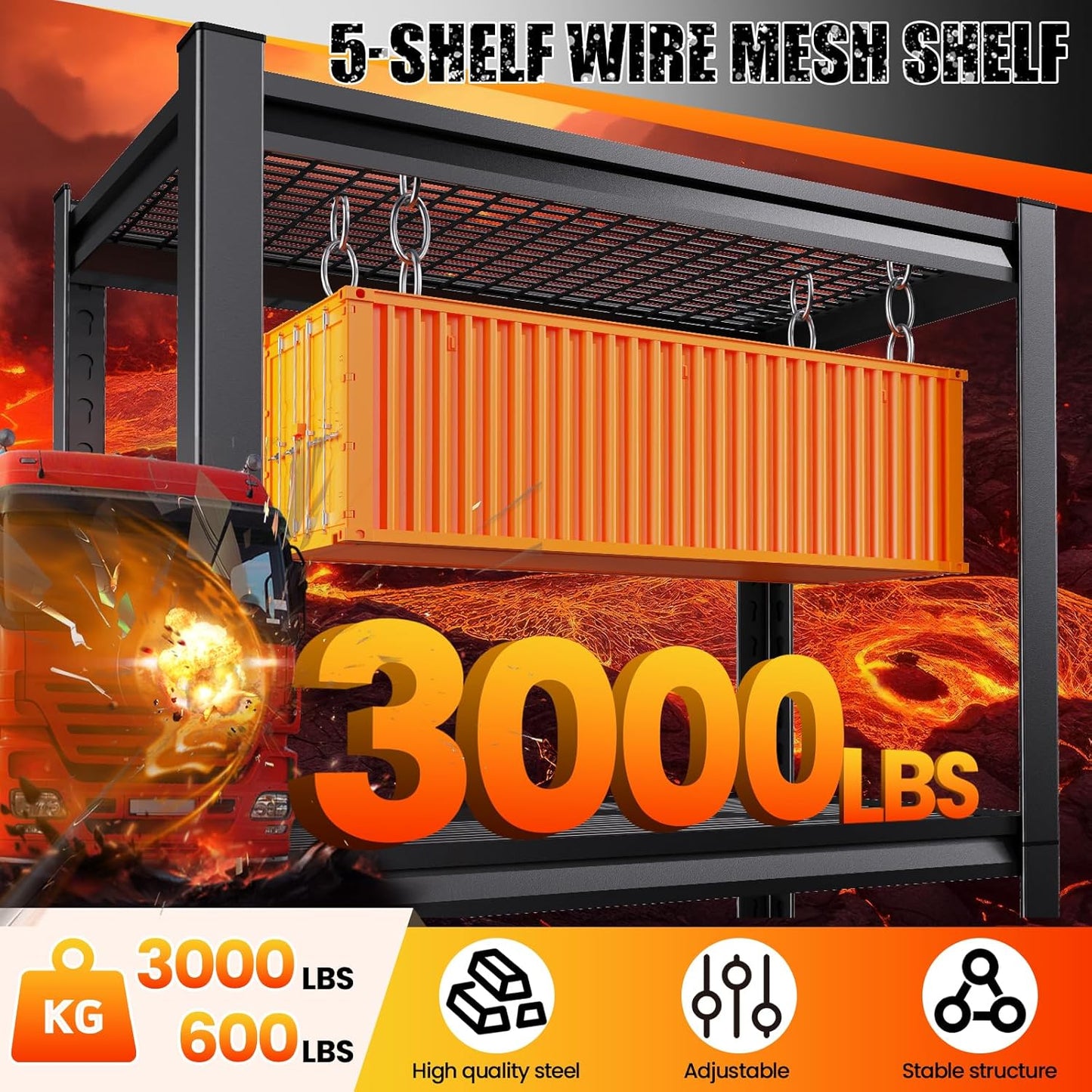 Large Garage Shelving, 5-Tier Garage Storage Shelves 3000LBS Heavy Duty Shelving Unit, Adjustable Steel Metal Shelving, Wire Shelves for Garag, Utility Rack Shelf for Basement, 81.1 ”H×45.7”W×19.7”D