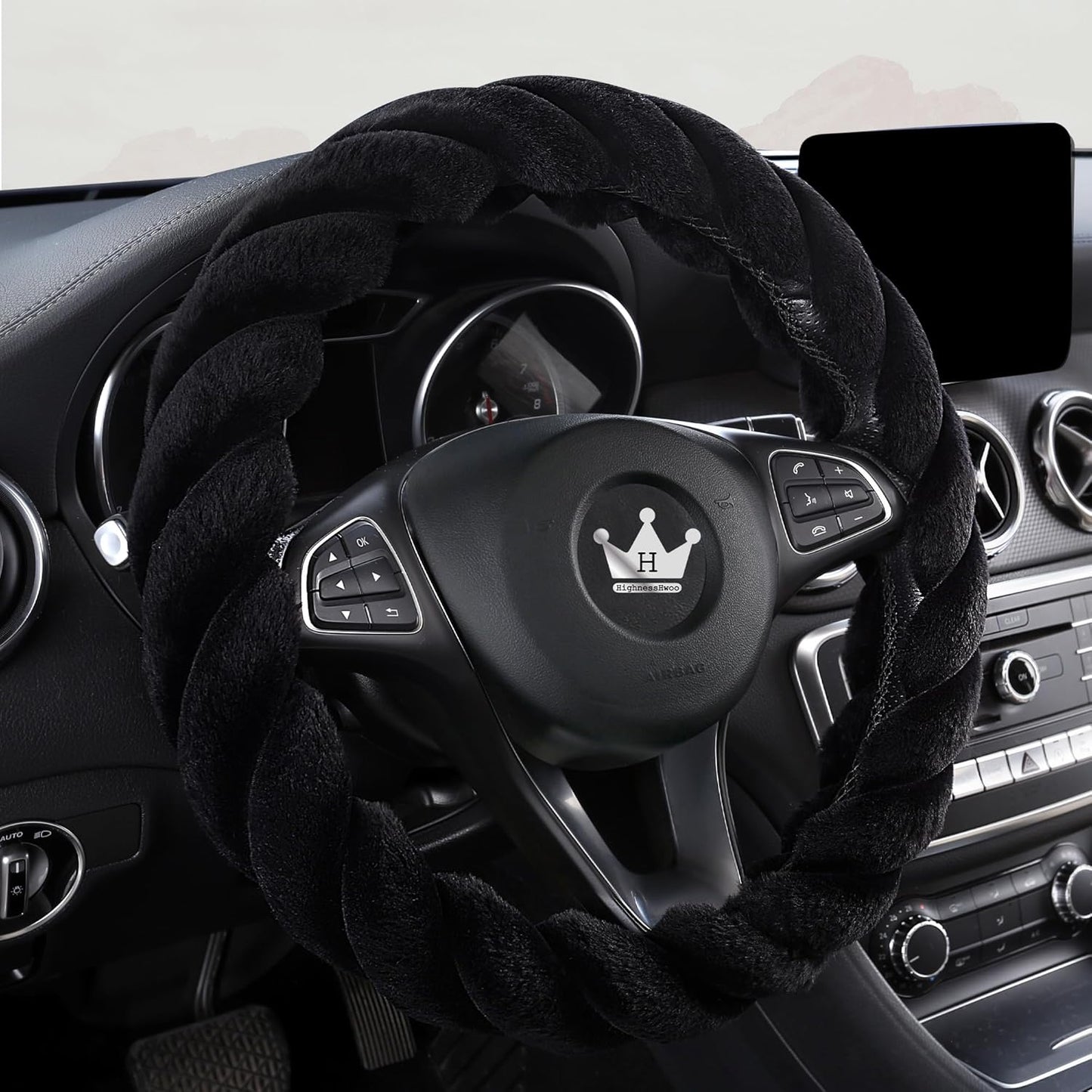 Luxury Fluffy Winter Car Steering Wheel Cover for Women Soft Warm Plush Cute Auto Accessories for Vehicle, Sedan, Universal, Fuzzy, Anti Slip, Black, Standard Size, 14.75-15.15"