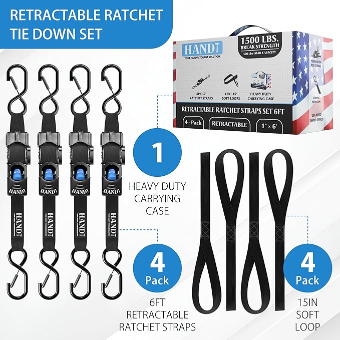 HandT USA Based Retractable Ratchet Straps (4PK) 1in x 6ft - 1,500lb Break Strength, Heavy Duty Automatic Ratchet Straps Self Retractable Tie Down, Push Button Retracting Truck Trailer Cargo | Black