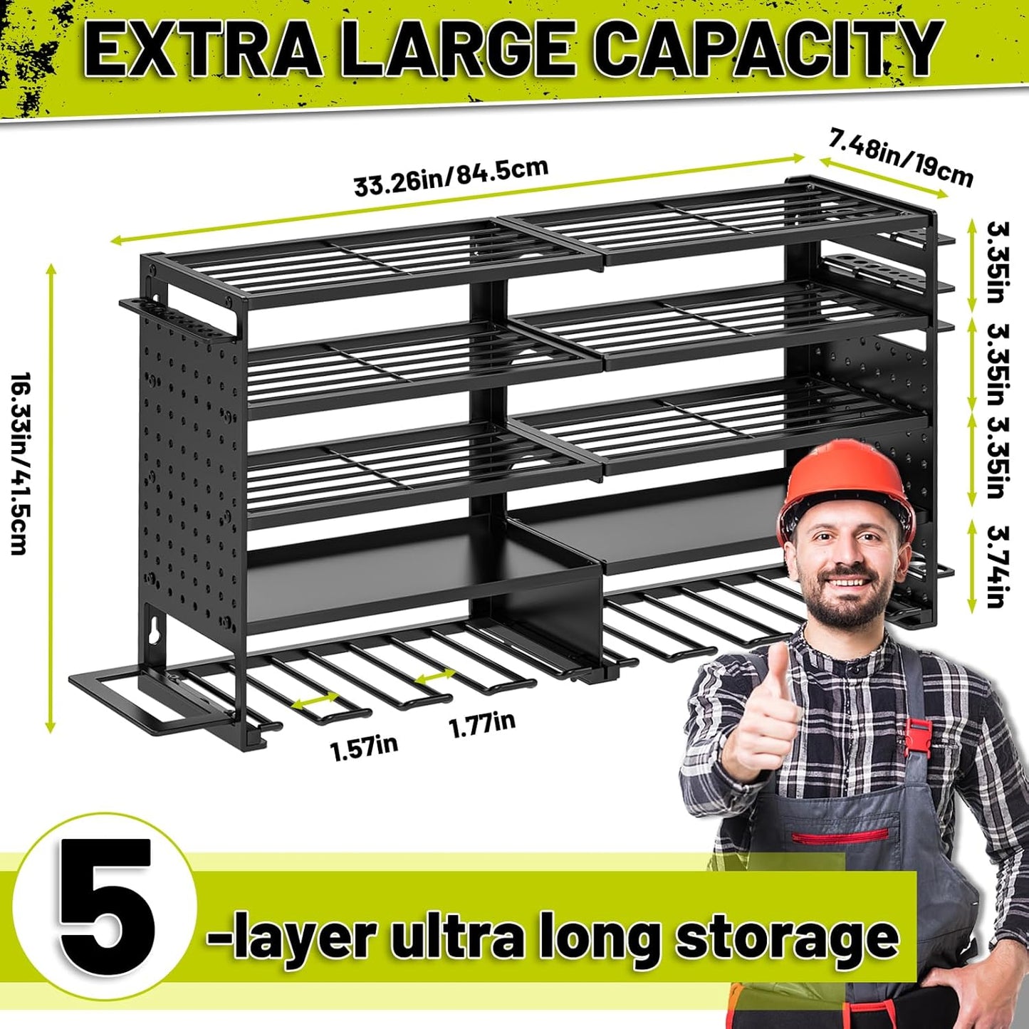 5 Layers Power Tool Organizer Wall Mount, Metal Cordless Tool Storage Rack Holder with 8 Drill Holders, Heavy Duty Garage Wall Tool Shelf for Workshop Tool Room Men Husband Father Gift Black