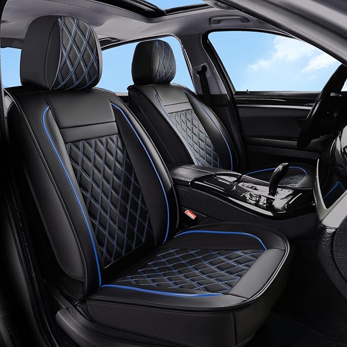 Huidasource Front Car Seat Covers, Leather Car Seat Cushion, Automotive Car Seat Cover Protector Universal Fit Front Seat, Airbag Compatible, for Most Cars,Vans,Trucks, SUVs (Front Pair/Black&Blue)