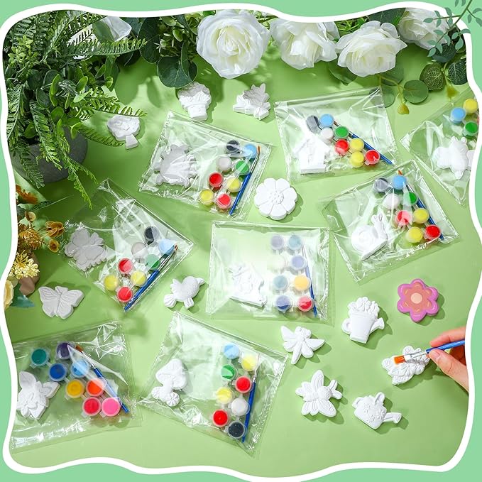 JellyArch 20 Set Spring DIY Painting Kit Ceramic to Paint Your Own Flowers Bee Snail Bird Butterfly Statues Unpainted Plaster Figurines Brushes Acrylic Paints Bags Party Favor for Adults