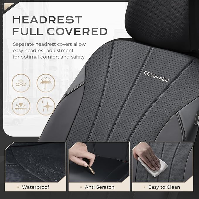 Coverado Car Seat Covers Front Seats, Automotive Seat Covers 2 Pack, Leather Car Seat Covers, Airbag-Compatible, Spill-Proof Design, Black Seat Covers for SUV Sedan Truck
