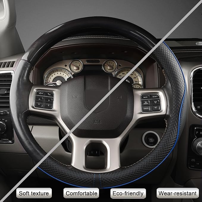 West Llama Customized Auto Car Steering Wheel Cover for Dodge RAM 1500 2500 3500, 15.5-16 inch (Black+Blue Line-Large Size)