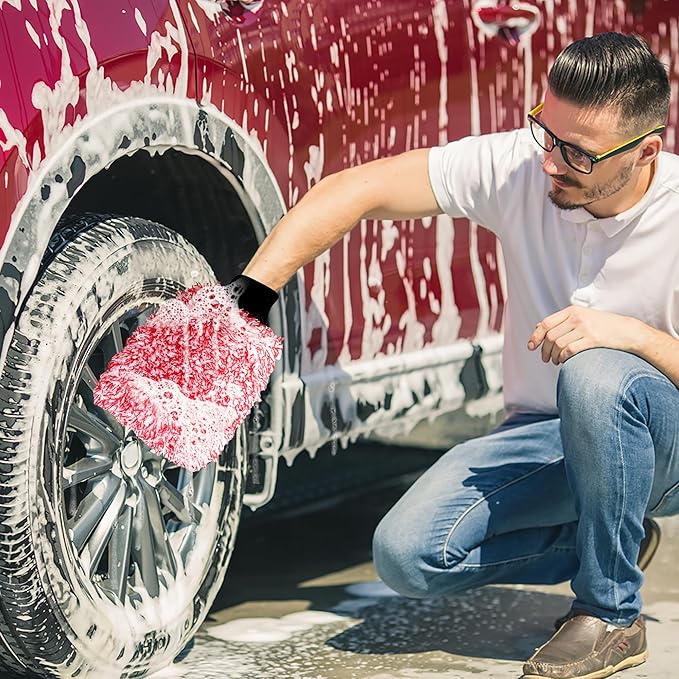 TAKAVU Microfiber Cleaning Mitt, 2 Pack Premium Cyclone Car Washing Gloves, Scratch-Free Lint-Free Wash Mitts, Holds Tons of Sudsy Water for Effective Washing, Machine Washable (Red & White)