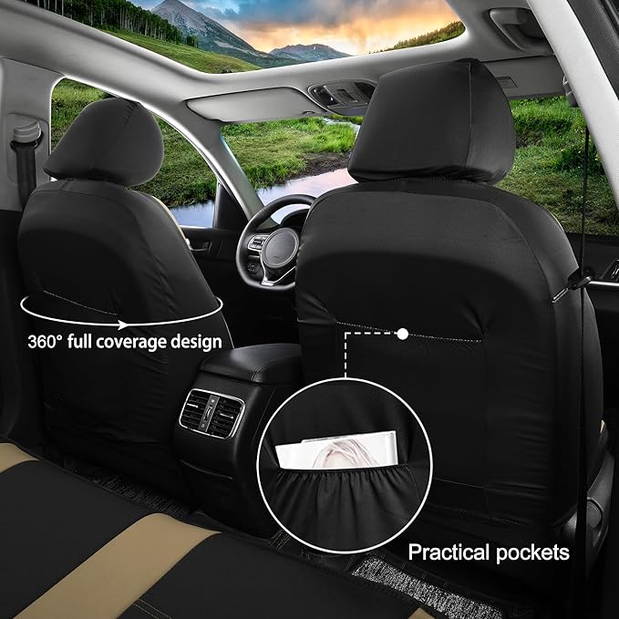 GIANT PANDA Neoprene Front Seat Covers for Toyota Rav4 Camry Highlander Corolla Priu, Leak-Proof & Waterproof Car Seat Protectors（Beige+Black） 2PCS