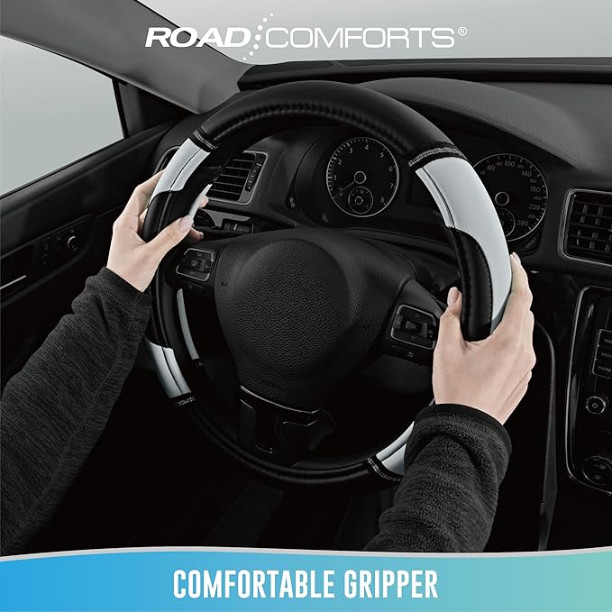 Road Comforts Leather Steering Wheel Cover - Made with PVC Leather - Anti-Slip, Universal Fit 14 1/2 inches to 15 inches - Gray