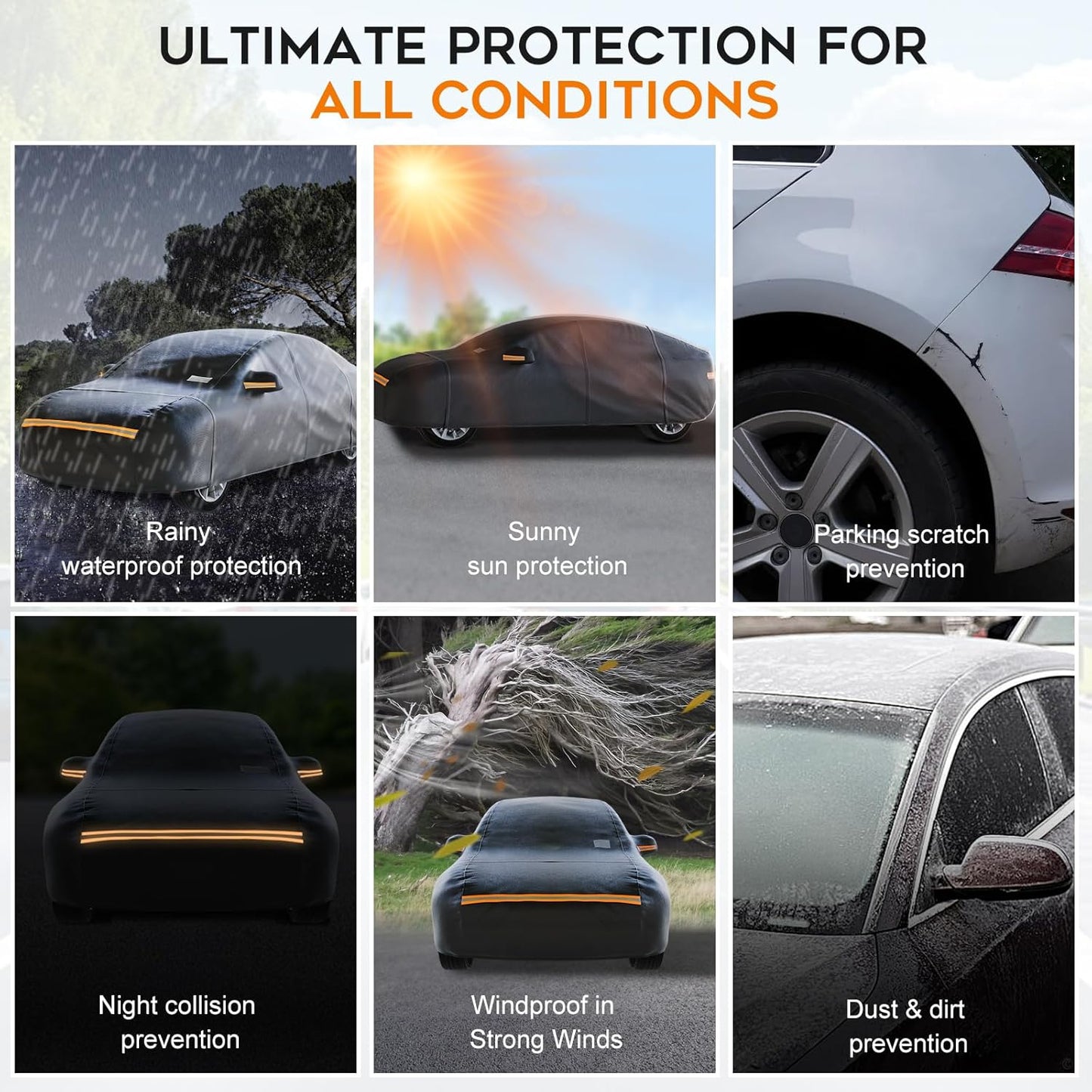Sedan Car Cover Waterproof All Weather for Automobiles，Outdoor Heavy Duty Full Exterior Covers with Zipper Door, Rain Sun Snow Dust UV Protection, Windproof Straps & Reflective Strips(Up to 189")