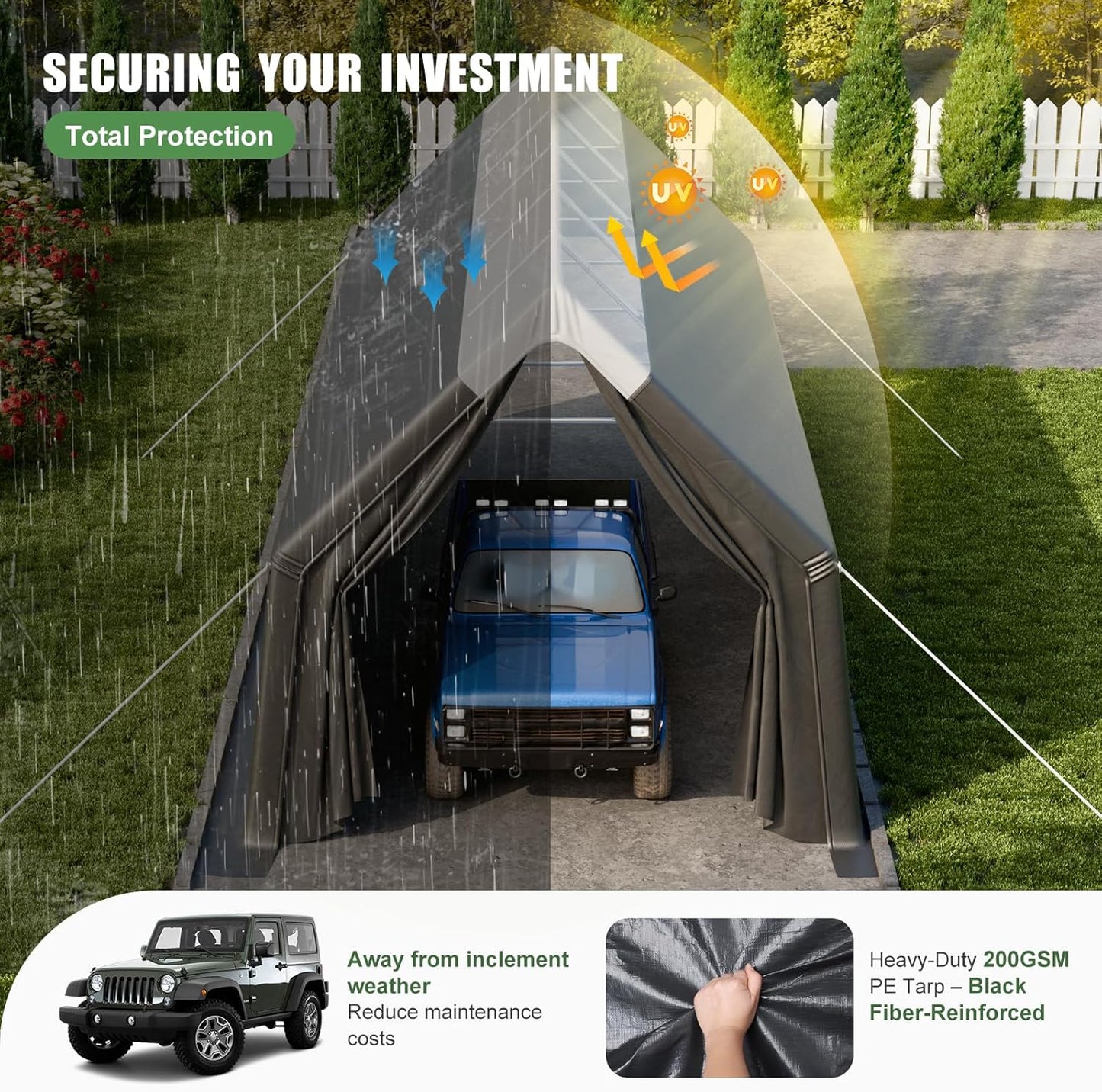 Skyview Portable Garage, 13x24 FT Heavy Duty Carport Canopy with Translucent Roof, Reinforced Metal Frame, Zipper Doors,All-Weather Resistant, Waterproof Outdoor Storage Shelter for Cars/RV/ATV