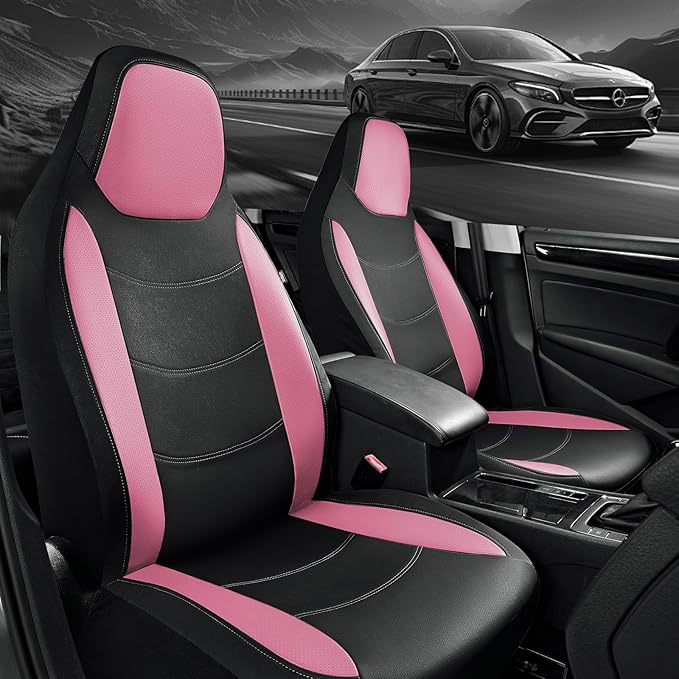 Road Comforts Car Seat Cover, Leather Seat Cover Full Set, Automotive Interior Seat Covers, Universal Fit for Most Cars, SUVs, Trucks, and Vans, Airbag Compatible (Pink)