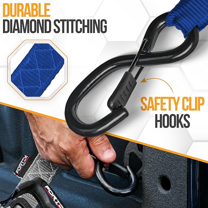 FORTEM Ratchet Tie Down Straps, 5208lb Break Strength, 4 Pack 10ft x 1.5in Heavy Duty Straps, 4 Soft Loops, Cam Buckles for Motorcycles, Safety Lock S Hooks, Carry Bag