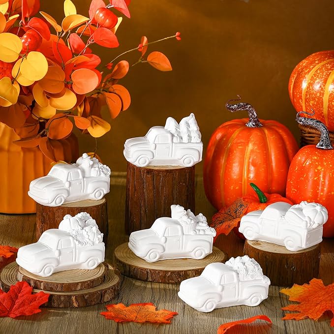 JellyArch 6 Set Fall Thanksgiving DIY Ceramic Painting Kit 3D Ready to Paint Your Own Truck with Pumpkins Turkey Maple Leaf Statues Unpainted Plaster Craft with Brush Paint Bag for Adult